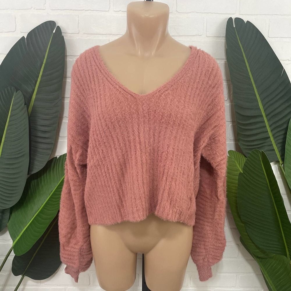 Altar'd state pink fuzzy open tie back sweater